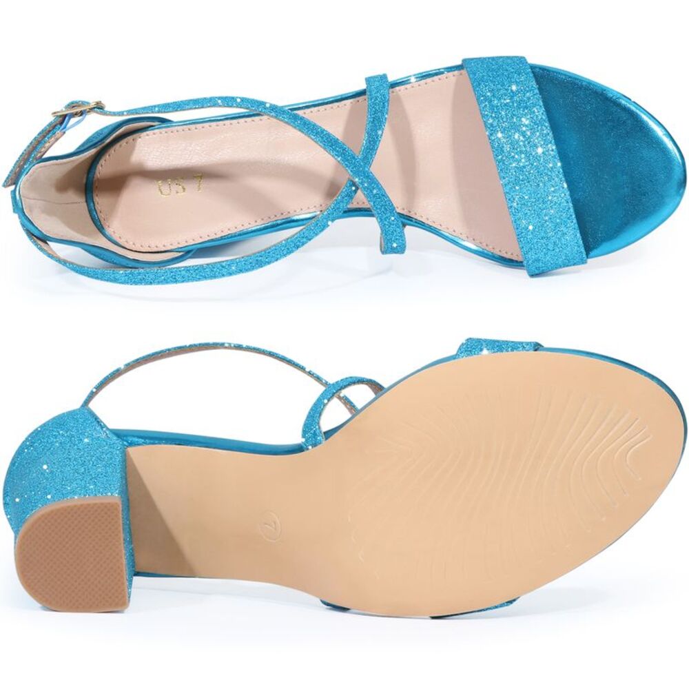 Glitter Crisscross Strap Block Heels Sandals Lake Blue - Picture 4 of 6